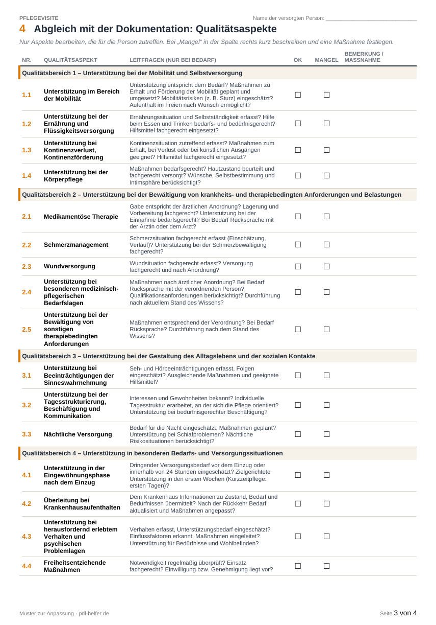 Seite 3 des Pflegevisite-Formulars: Qualitätsaspekte mit Leitfragen und Spalten für ok und Mangel