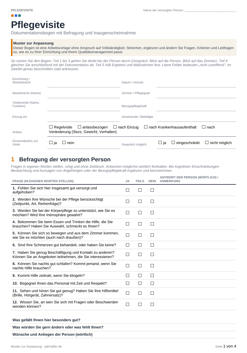 Seite 1 des Pflegevisite-Formulars mit Kopfdaten und Befragung der versorgten Person